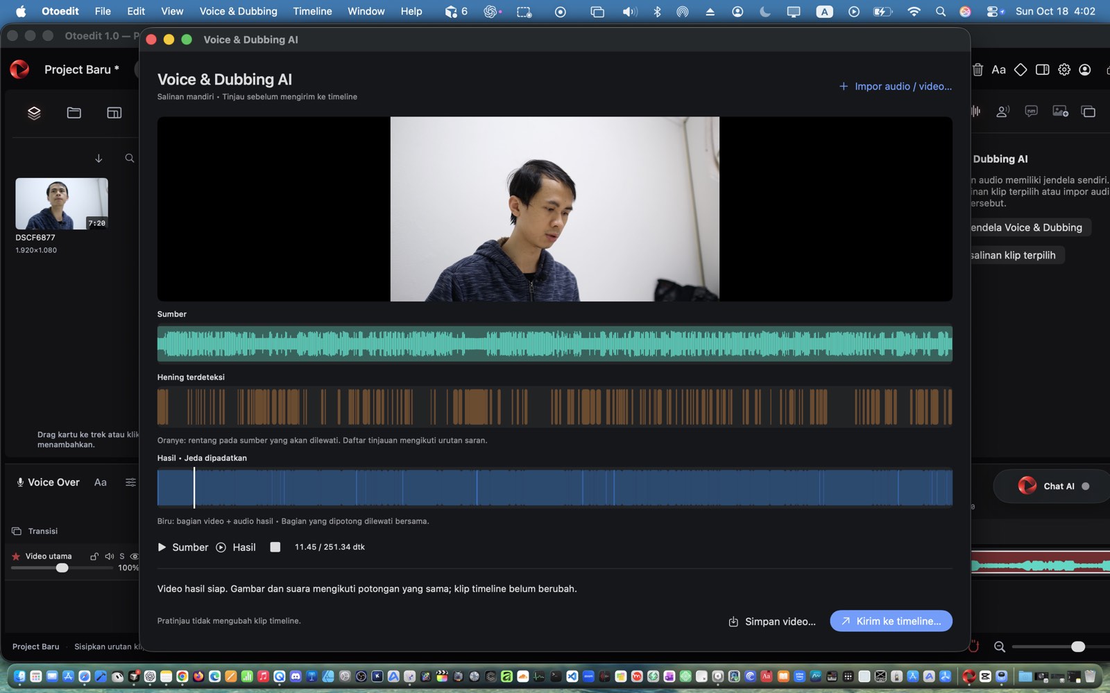 Auto Cut Otoedit: waveform sumber, area hening berwarna oranye, serta hasil jeda dipadatkan berwarna biru