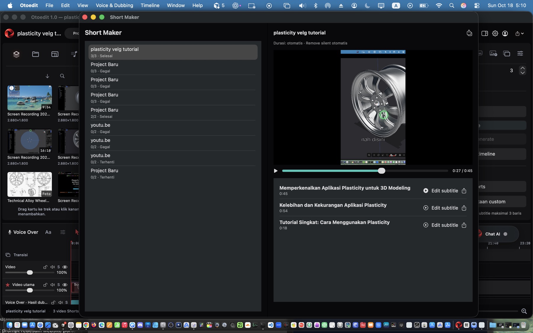 Screenshot asli Short Maker Otoedit: preview video vertikal dan tiga hasil Shorts dengan durasi, edit subtitle serta ekspor