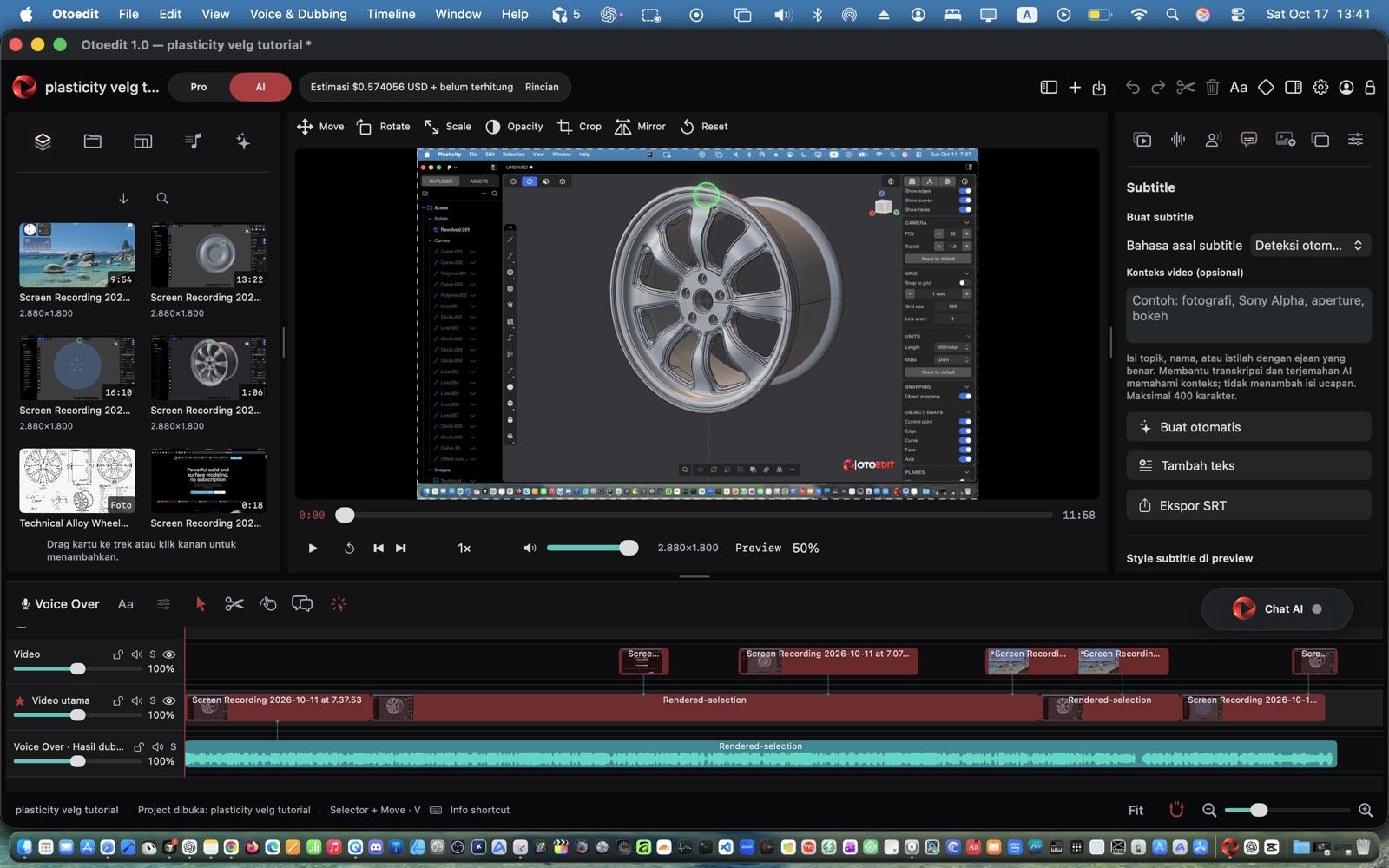 Screenshot asli aplikasi Otoedit dengan media library, preview video, panel subtitle dan timeline video serta audio